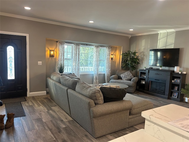 living room featuring dark hardwood / wood-style floors and crown molding