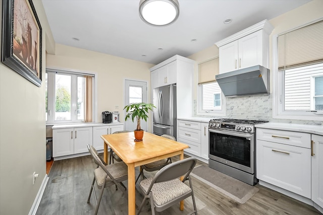 kitchen with hardwood / wood-style floors, white cabinets, stainless steel appliances, and range hood