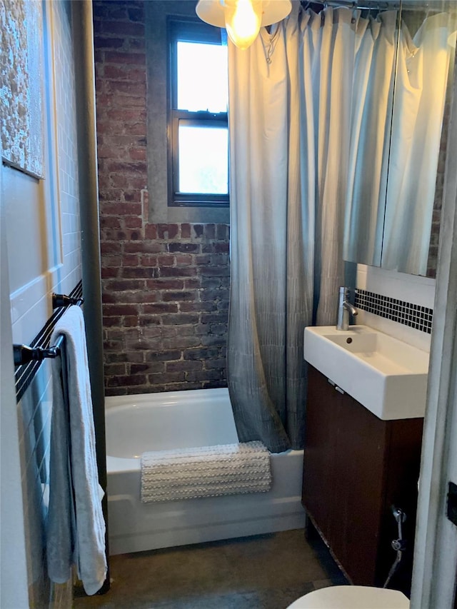 full bathroom with backsplash, vanity, shower / bath combination with curtain, and toilet