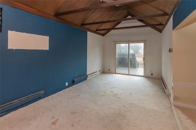 carpeted spare room featuring baseboard heating, wood ceiling, and vaulted ceiling with beams