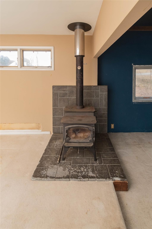 interior details with a wood stove