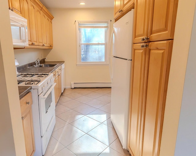 kitchen featuring baseboard heating, white appliances, light brown cabinets, sink, and light tile patterned floors