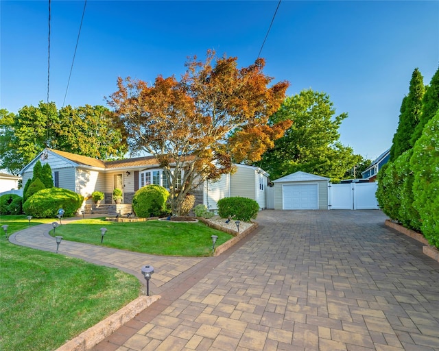 view of front of property featuring a garage, an outbuilding, and a front lawn