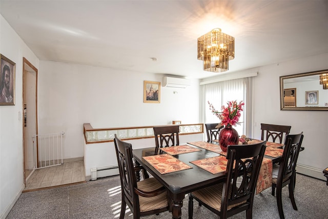 carpeted dining room featuring an inviting chandelier, a wall mounted AC, and a baseboard heating unit