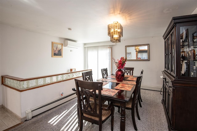 dining space featuring a notable chandelier, light colored carpet, a wall unit AC, and a baseboard radiator