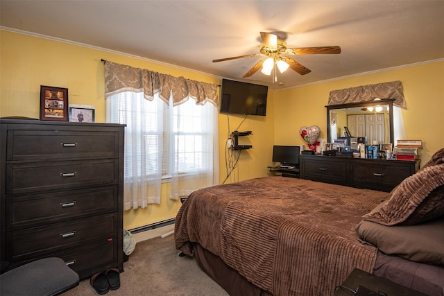 bedroom featuring carpet flooring, ceiling fan, and ornamental molding