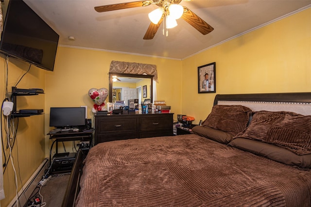 bedroom with ceiling fan, ornamental molding, and a baseboard heating unit