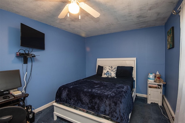 bedroom featuring a textured ceiling, a baseboard radiator, dark carpet, and ceiling fan