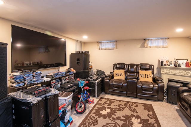 home theater with light tile patterned floors