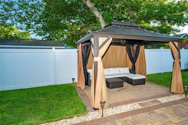 view of patio featuring a gazebo and outdoor lounge area