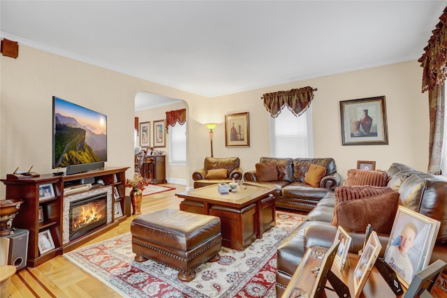 living room with light parquet floors and a wealth of natural light