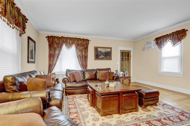 living room featuring ornamental molding, a wall unit AC, and light parquet floors