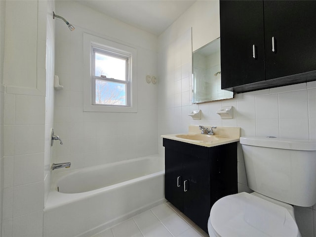 bathroom with tile patterned flooring, backsplash, tile walls, toilet, and vanity