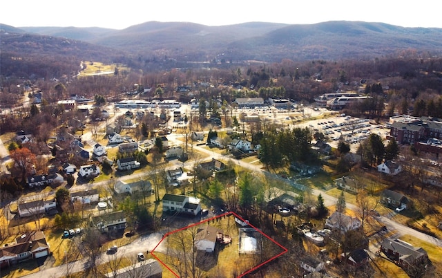 drone / aerial view featuring a mountain view