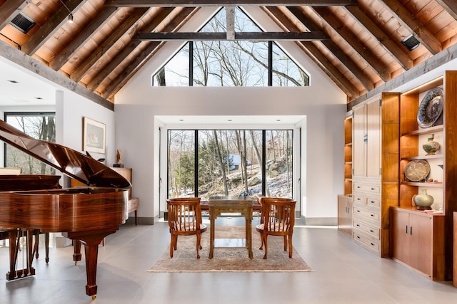 misc room featuring wooden ceiling, high vaulted ceiling, and beamed ceiling