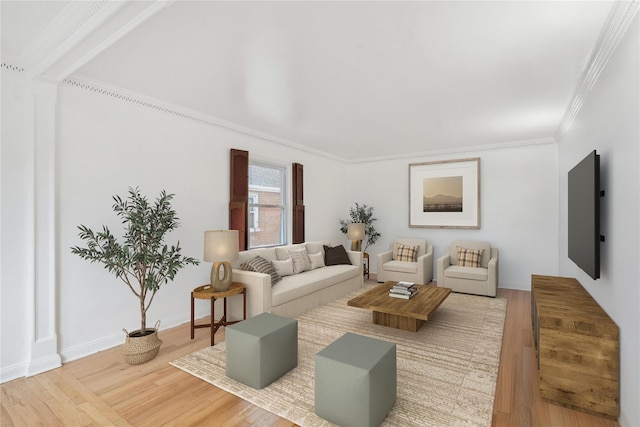 living room with ornamental molding and hardwood / wood-style flooring