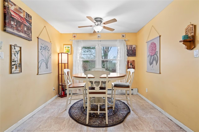 dining room with baseboard heating and ceiling fan