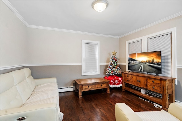 living room with baseboard heating, crown molding, and dark hardwood / wood-style floors