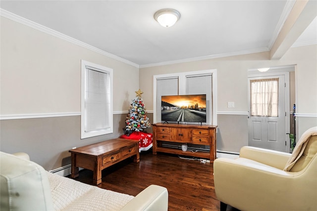 living room featuring crown molding, baseboard heating, and dark wood-type flooring