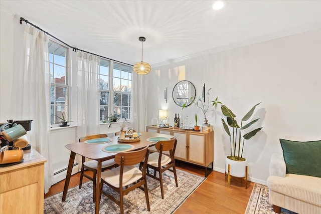 dining room with a baseboard radiator and light hardwood / wood-style floors