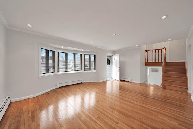 unfurnished living room featuring light wood-type flooring, crown molding, and a baseboard radiator