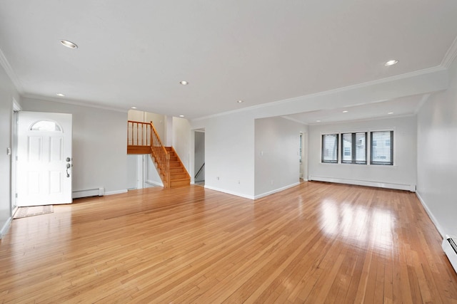 unfurnished living room with light wood-type flooring, ornamental molding, and a baseboard radiator