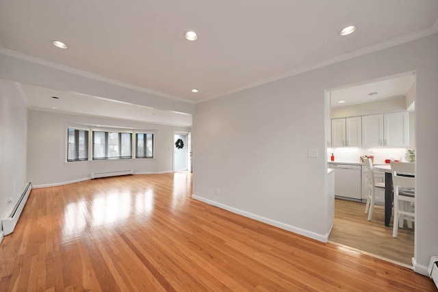 unfurnished living room with ornamental molding, light hardwood / wood-style floors, and a baseboard radiator