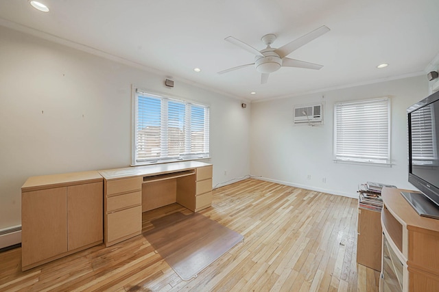 unfurnished office with crown molding, light hardwood / wood-style floors, and an AC wall unit