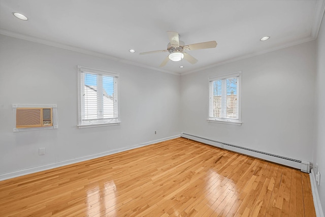 empty room with light hardwood / wood-style floors, an AC wall unit, ornamental molding, and a baseboard radiator