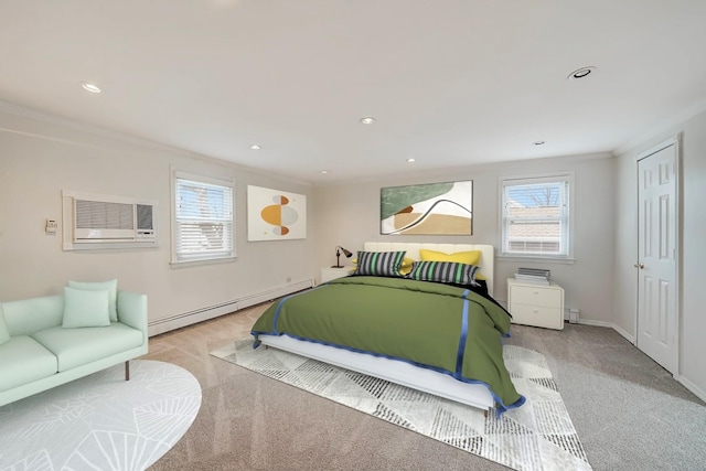 carpeted bedroom featuring a baseboard heating unit, ornamental molding, and a wall unit AC