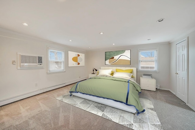 carpeted bedroom with baseboard heating, ornamental molding, and a wall mounted air conditioner