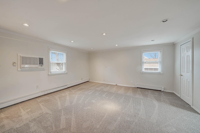 carpeted empty room featuring a wall mounted AC, a baseboard heating unit, and crown molding