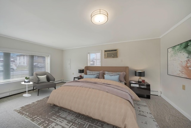 bedroom featuring carpet floors, multiple windows, and crown molding