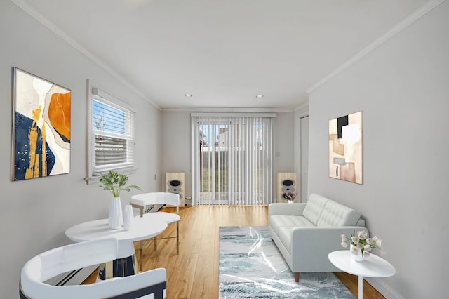 living room featuring ornamental molding and wood-type flooring