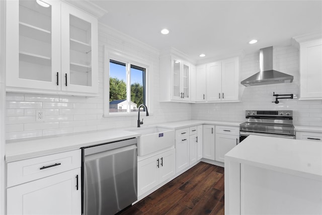 kitchen featuring white cabinets, sink, wall chimney exhaust hood, and appliances with stainless steel finishes