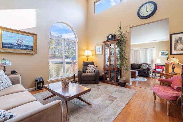 living room with light hardwood / wood-style floors, a high ceiling, and a wealth of natural light