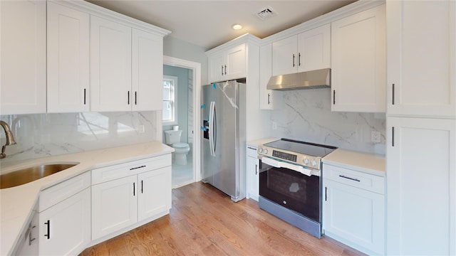 kitchen featuring backsplash, stainless steel appliances, white cabinets, and sink