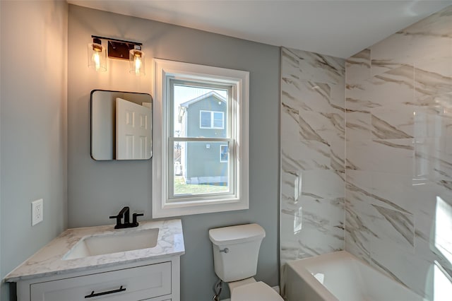 full bathroom featuring toilet, shower / tub combination, a wealth of natural light, and vanity