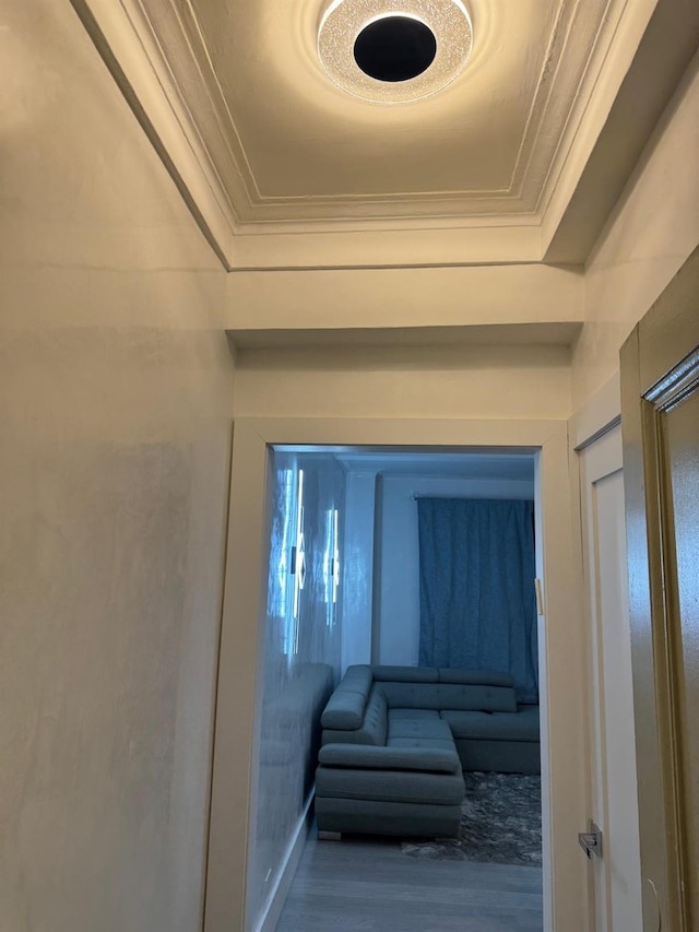 corridor featuring hardwood / wood-style flooring and crown molding