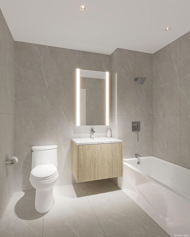 full bathroom featuring tile walls, vanity, toilet, and washtub / shower combination