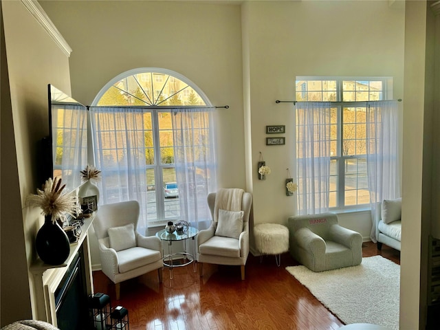 living area featuring ornamental molding and hardwood / wood-style floors