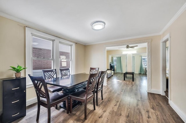 dining space with baseboards, wood finished floors, a ceiling fan, and crown molding