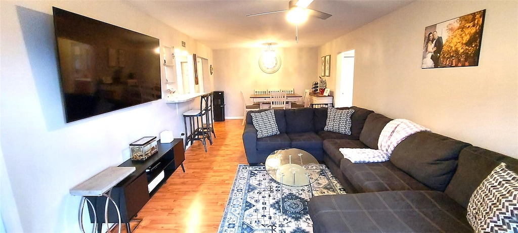 living room with ceiling fan and wood-type flooring