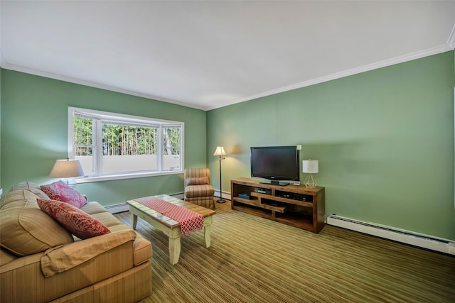 living room with ornamental molding and a baseboard radiator