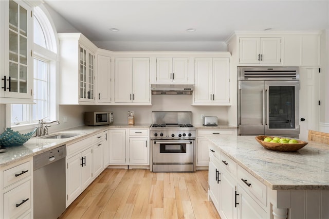 kitchen with light stone counters, premium appliances, sink, and white cabinets