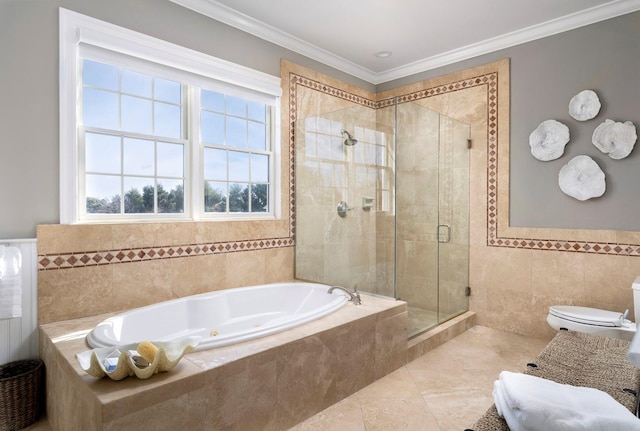 bathroom with independent shower and bath, ornamental molding, tile patterned floors, and toilet