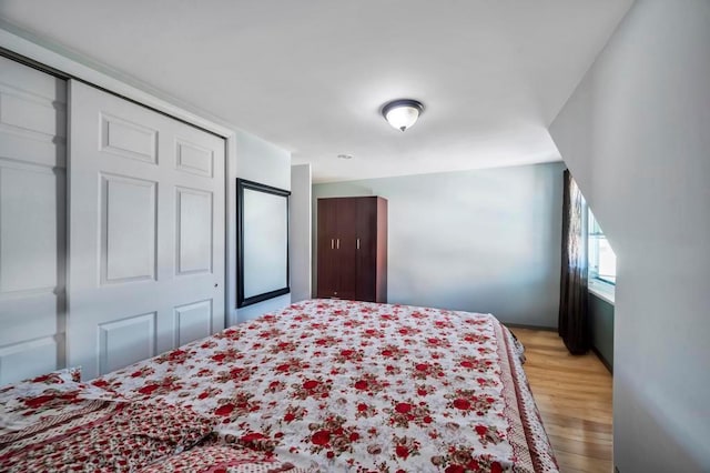 bedroom with light wood finished floors and a closet