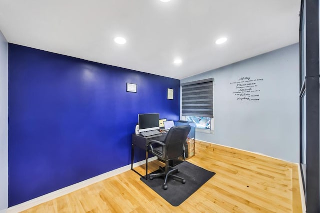 office with recessed lighting, wood finished floors, and baseboards