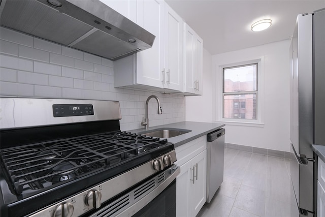 kitchen with range hood, sink, stainless steel appliances, and white cabinets