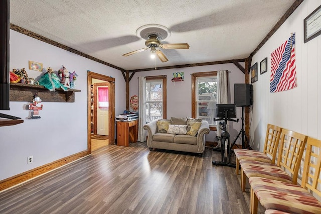 living room featuring ornamental molding, a textured ceiling, ceiling fan, and dark hardwood / wood-style floors